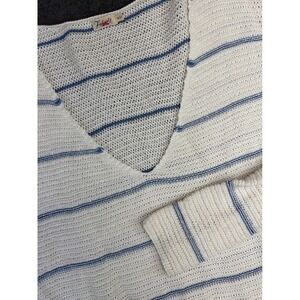 Faherty Sweater Womens Medium White Blue Striped V-Neck Cotton Bamboo Open Knit